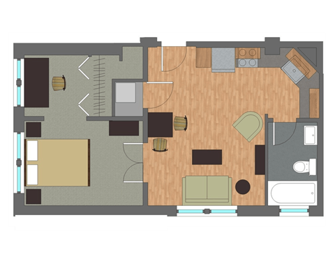 A floor plan of a house with a kitchen, living room, and bathroom.